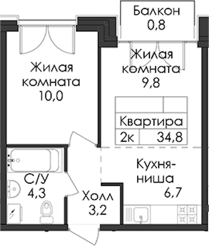 1-комнатная квартира 34.8 м², 7/9 эт., ЖК «Лермонтовский 54»